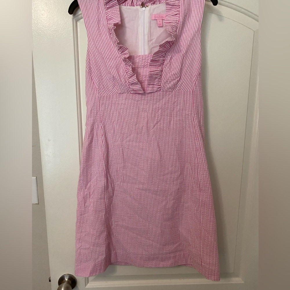 Lilly Pulitzer Striped Seersucker Pink White Shift Dress with Ruffle